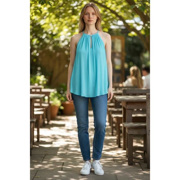 RAMY BROOK Top NEW Size S Piper V-Neck Tank $265 Crepe Sleeveless Tropical Blue - Picture 1 of 4